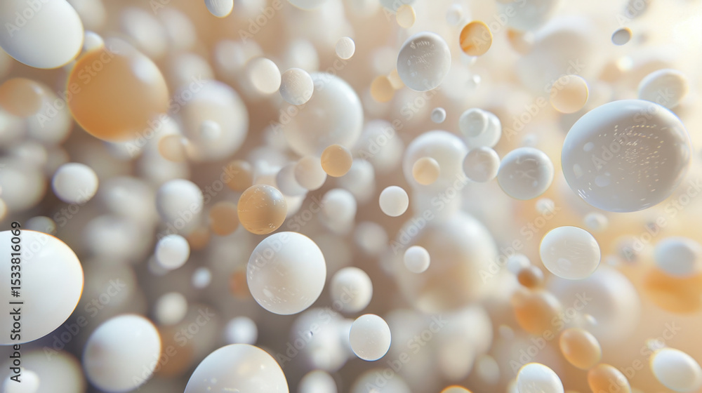 Poster floating abstract spheres create mesmerizing visual effect, casting soft shadows on pastel backgroun
