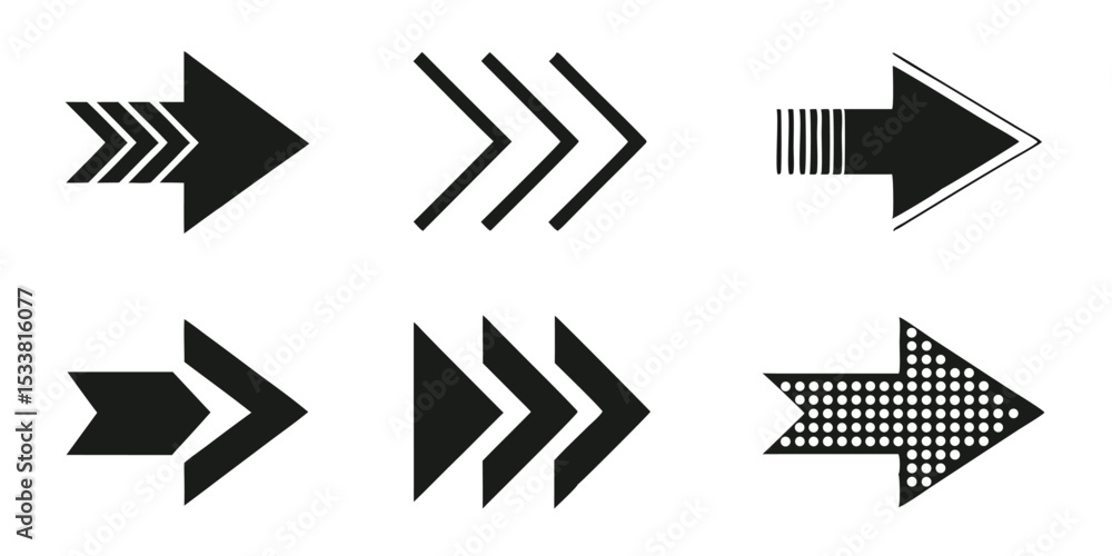 Poster collection of six different black arrows pointing to the right with unique designs and patterns on w