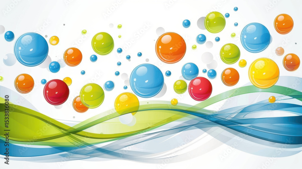 Poster colorful spheres float above layered waves, creating vibrant and dynamic background. playful arrange