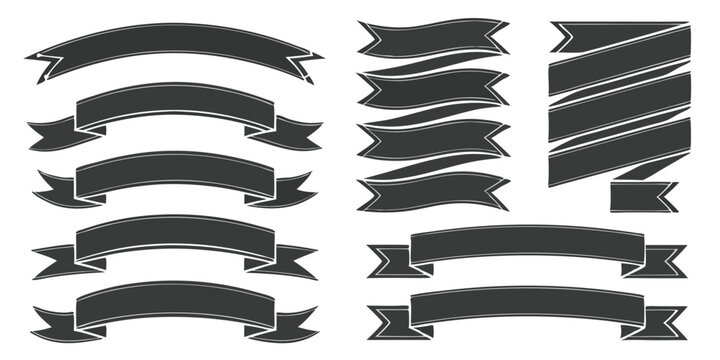Collection of various black ribbon banners with different shapes and sizes on a white background