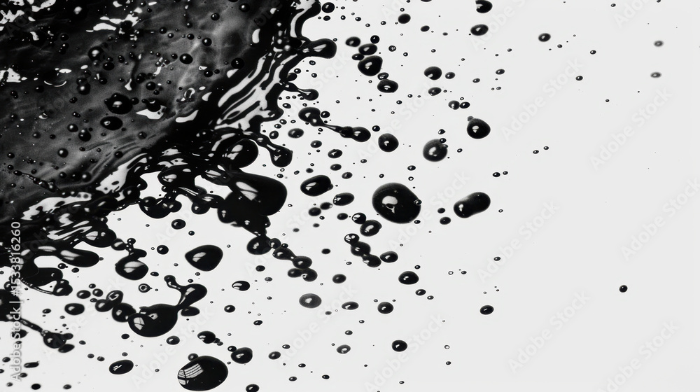 Poster black droplets splashing against white background create striking contrast, showcasing beauty of flu