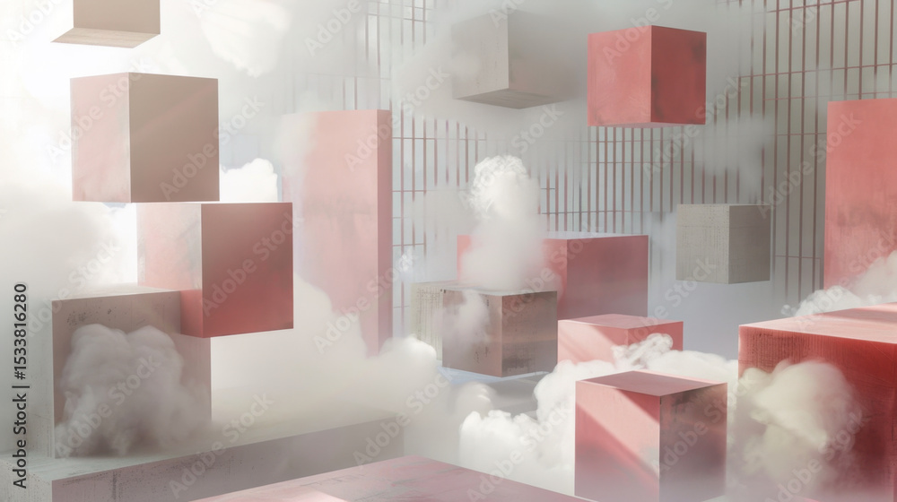 Poster floating geometric shapes in soft ambient light create serene atmosphere, with pink and gray cubes s