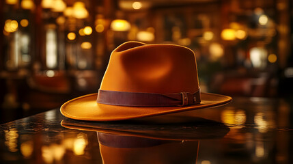Elegant Amber Fedora Hat Product Shot on Reflective Surface