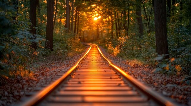 Sun-drenched railway tracks disappear into a forest at sunset, bathed in warm golden light, leaves scattered on the ground - Powered by Adobe