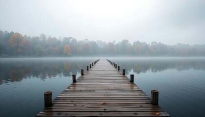 Serene Autumn Lake: Misty Wooden Dock, Tranquil Fall Foliage, Peaceful Nature Scene