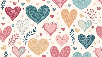 Hand drawn heart shape holiday background with abstract hearts. Seamless light pattern