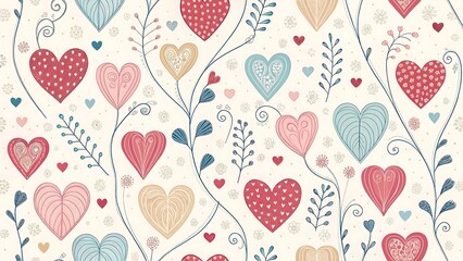 Hand drawn heart shape holiday background with abstract hearts. Seamless light pattern