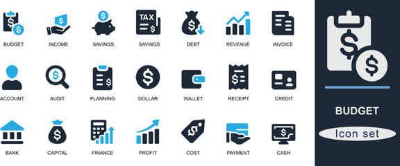 Solid budget icon set featuring finance, expense, savings, tax, income, and planning symbols. Ideal for business, accounting, and UI design projects
