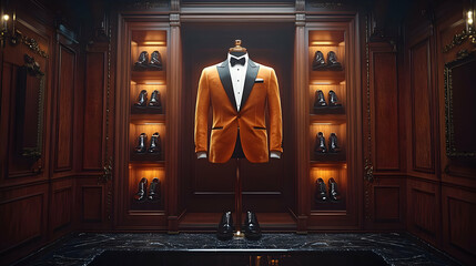 3D Illustration of Orange Tuxedo in Luxurious Wooden Room