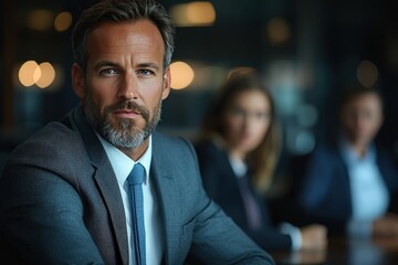 A businessman in a suit sitting at a round table negotiating with international partners