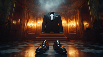 Mysterious Tuxedo and Oxfords in a Grand Hall 3D Illustration