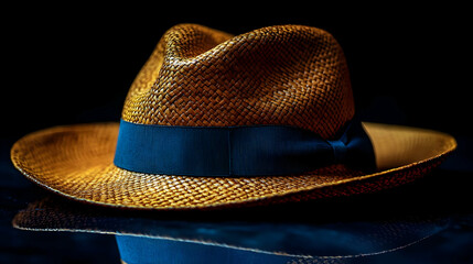 Stylish Straw Fedora Hat with Navy Ribbon - Detailed  Photography