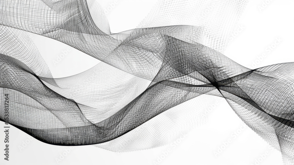 Poster delicate flowing lines create abstract composition, showcasing interlaced digital patterns in black 