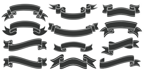 Collection of twelve black banner ribbons with various shapes and decorative tails for design elements