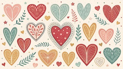 Hand drawn heart shape holiday background with abstract hearts. Seamless light pattern