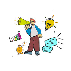  Modern Vector Illustration of a Man with Megaphone Surrounded by Business and Communication 