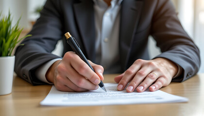 Signing important business documents office photo indoor environment close-up view professionalism in action