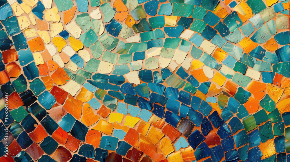 Poster mosaic pattern with irregular colored tiles forming vibrant and dynamic design, showcasing blend of 
