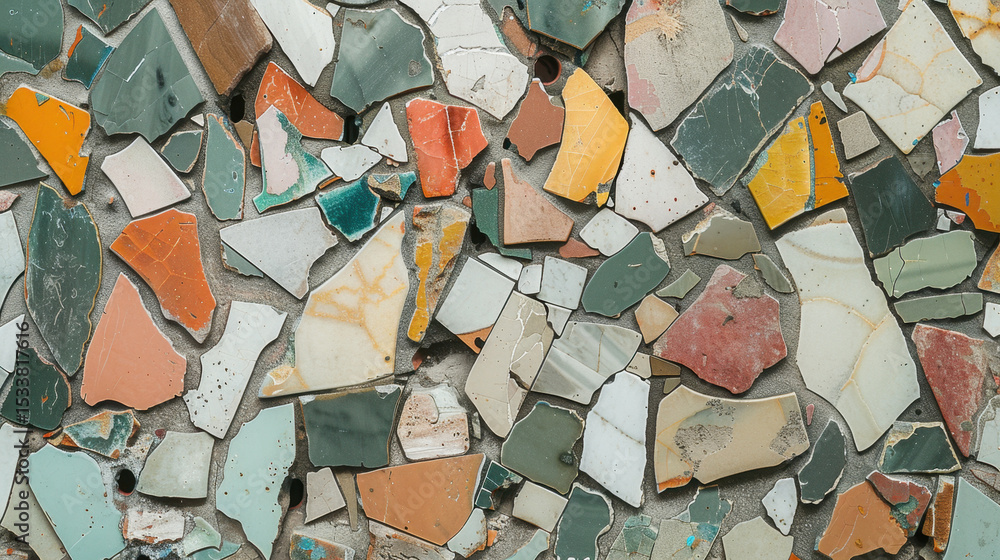 Poster mosaic pattern with irregular colored tiles creating vibrant and artistic surface. diverse colors an