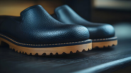 Closeup Product Photo of Stylish Black Leather Clogs with Tan Soles