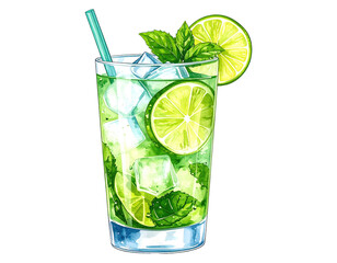Watercolor illustration of a refreshing Mojito cocktail with mint and lime. Cocktail drink watercolor illustration on transparent background.