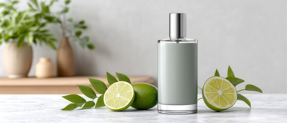 A sleek perfume bottle surrounded by fresh green limes and leafy branches on a marble surface with blurred potted plants in the background.