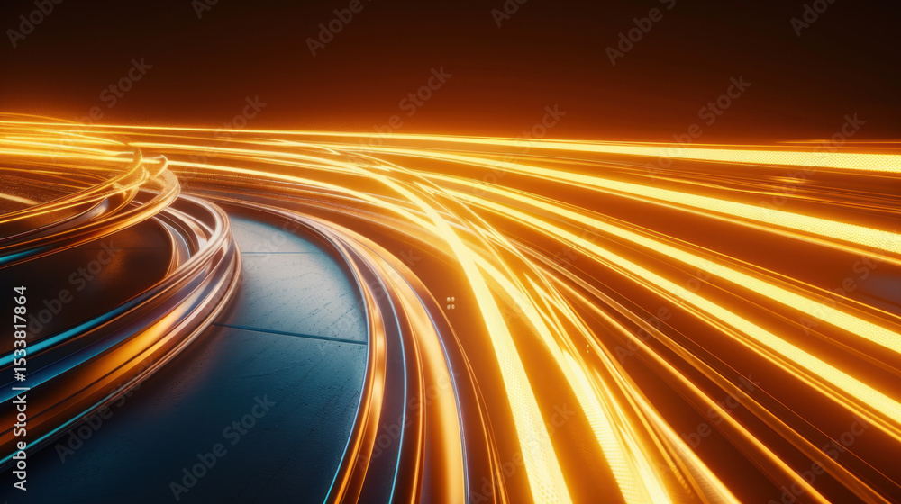 Poster dynamic neon light trails create mesmerizing visual effect, curving and crossing against dark backgr