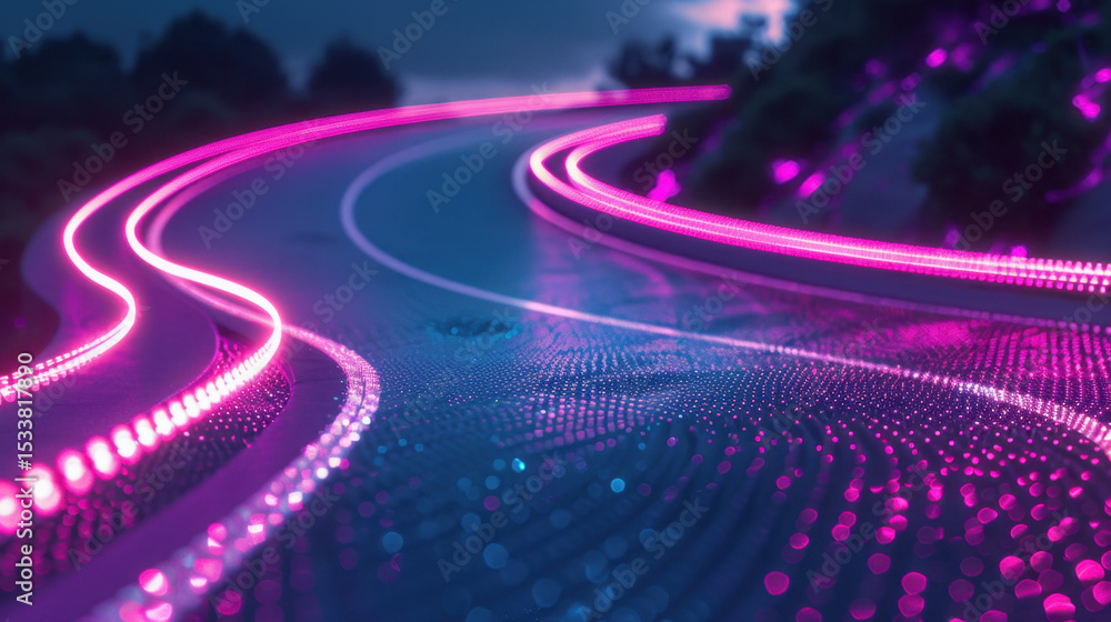 Poster vibrant scene featuring neon light trails curving and crossing over smooth surface, creating dynamic