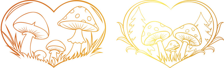 Golden Forest Mushrooms Heart Vintage Line Art Vector Design | Elegant Botanical Fungi Illustration