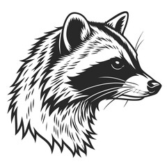 Illustrated raccoon head shows striking black and white contrast in a side profile view
