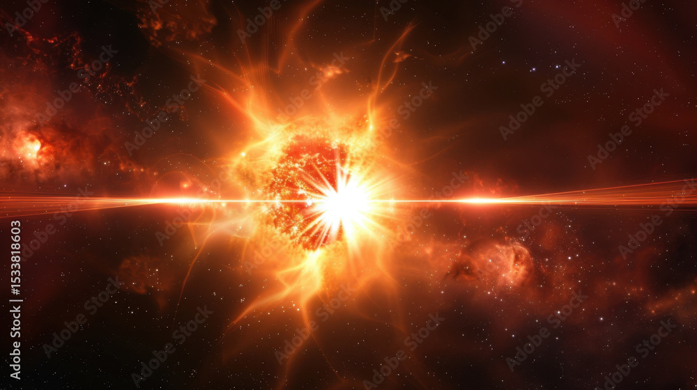 Poster vibrant explosion of light radiates from central point, creating stunning cosmic display. fiery colo
