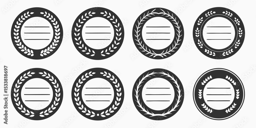 Poster collection of eight circular laurel wreath designs with three horizontal lines in the center space f