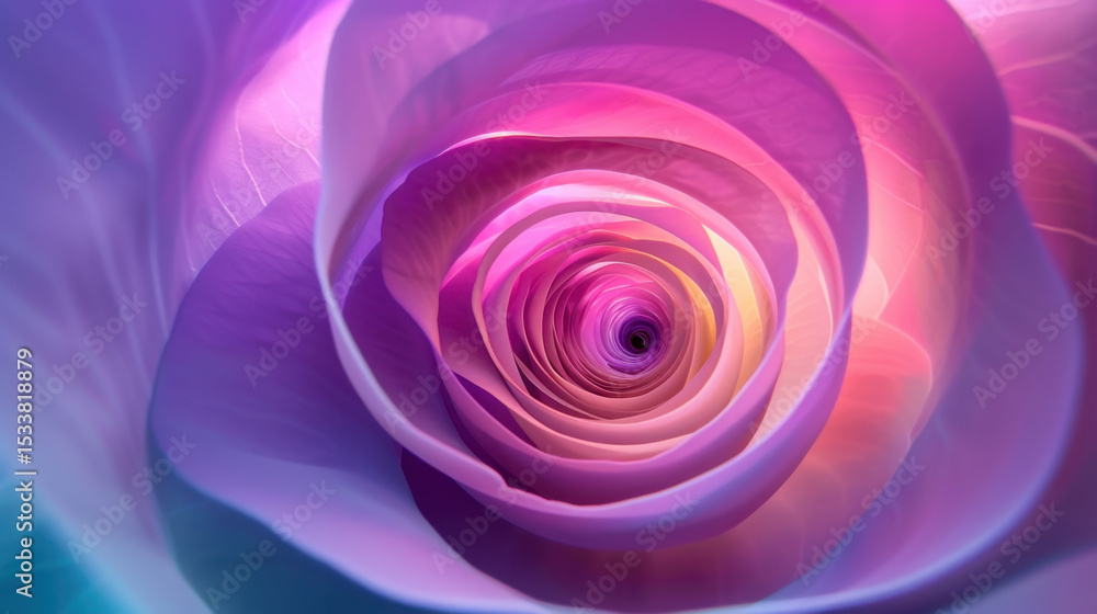 Poster mesmerizing spiral of soft gradient light forms vortex within delicate rose, showcasing calming hues