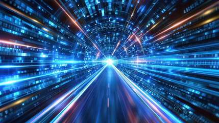 Obraz premium Abstract digital tunnel with thin lines of light creating sense of speed and motion, evoking feelings of excitement and wonder as it leads to bright center