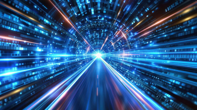 Abstract digital tunnel with thin lines of light creating sense of speed and motion, evoking feelings of excitement and wonder as it leads to bright center