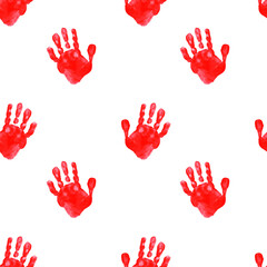 Seamless pattern of red children's handprints. Colorful illustration of chilren's palms on white backgound. 