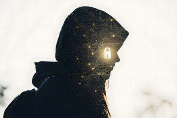 Silhouette of person with hood and circuitry overlay with a digital lock symbol
