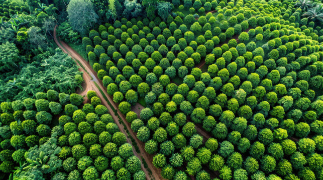 Aerial view of lush green landscape featuring neatly arranged trees along winding dirt road, creating serene and tranquil atmosphere in countryside