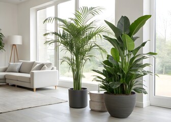 Fototapeta premium House with potted plants in garden near wooden patio and window surrounded by flowers and greenery