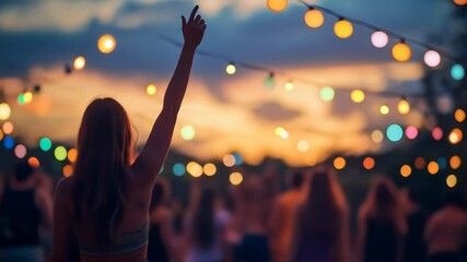 Woman with raised arm dancing at outdoor festival with string lights. Cheerful crowd celebrating music concert at sunset. Footage. - Powered by Adobe