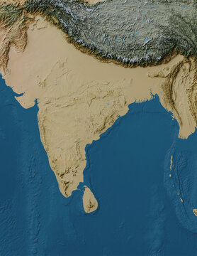 Indian Peninsula map of land and ocean floor terrain with blended colors and satellite imagery (India, Nepal, Bhutan, Bangladesh, Sri Lanka, Bay of Bengal, LCC projection)