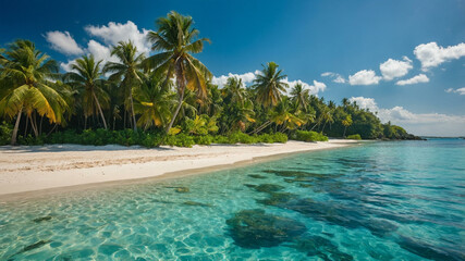 Tropical Beach Paradise with Turquoise Water, White Sand, and Palm Trees Under Sunny Sky