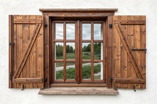 Une fen&ecirc;tre en bois brun rustique avec des volets l&eacute;g&egrave;rement ouverts montrant plusieurs vitres id&eacute;ales pour les projets de r&eacute;novation de la maison ou l'inspiration de conception on white background