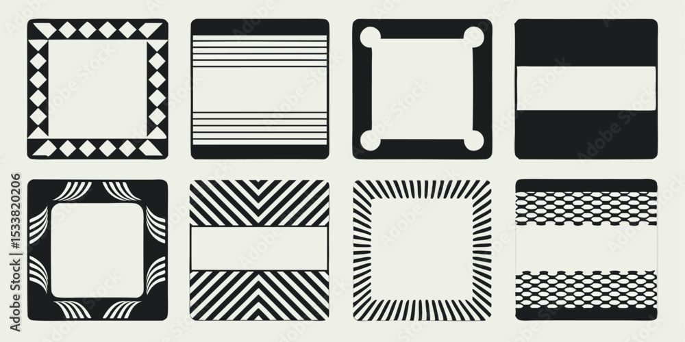 Poster collection of eight black and white square frames with various geometric and abstract designs displa