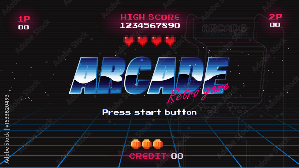 Poster arcade press start button.pixel art .8 bit game.retro game. for game assets in vector illustrations.