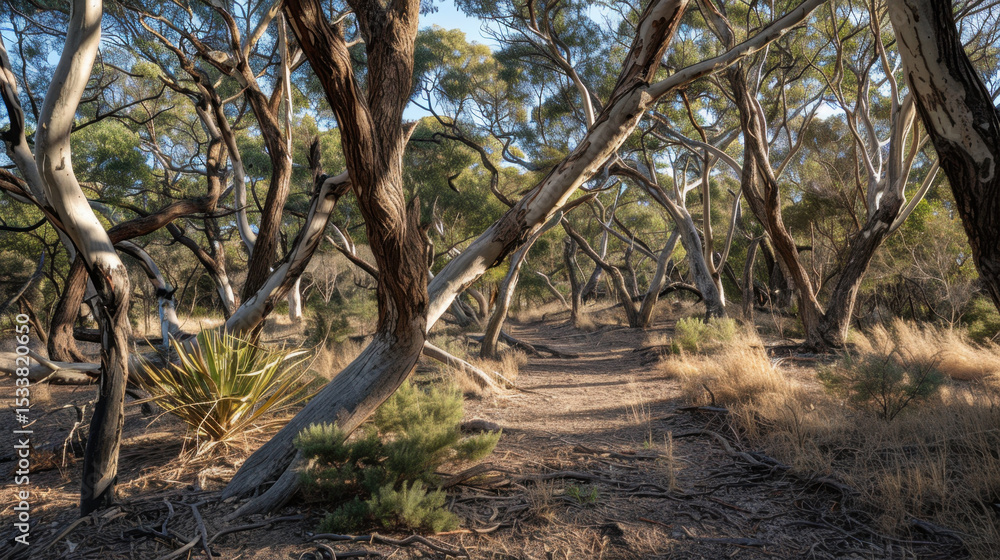 Poster serene trail meanders through grove of unique trees, their twisted branches creating natural canopy.