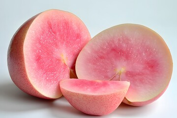 Sliced pink guava fruit with the soft inner flesh on display against a clean white background.