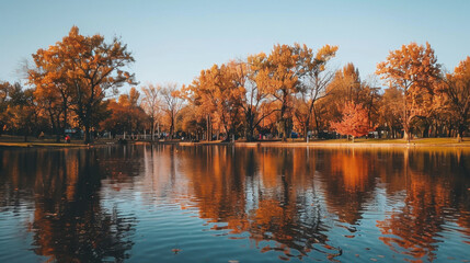 Obraz premium Autumn trees lining serene lake with mirrorlike water reflecting vibrant orange and yellow foliage creates peaceful and picturesque scene