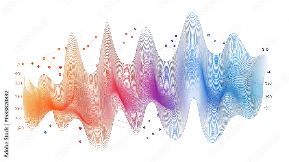 Poster a colorful wave with a rainbow pattern. the wave is made up of many points, and the colors are brigh