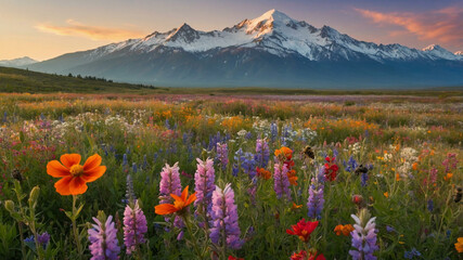 Colorful Wildflower Field with Snow-Capped Mountains at Sunset